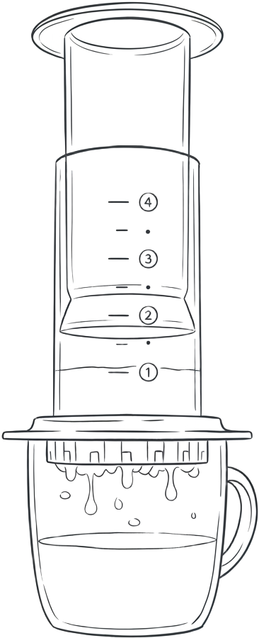 Line drawing of an AeroPress sitting on a mug